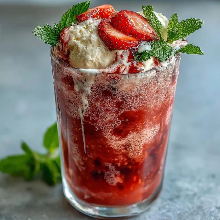 Two tall glasses filled with a bubbly strawberry daiquiri float, featuring scoops of vanilla ice cream melting into a tangy lime and strawberry mix.