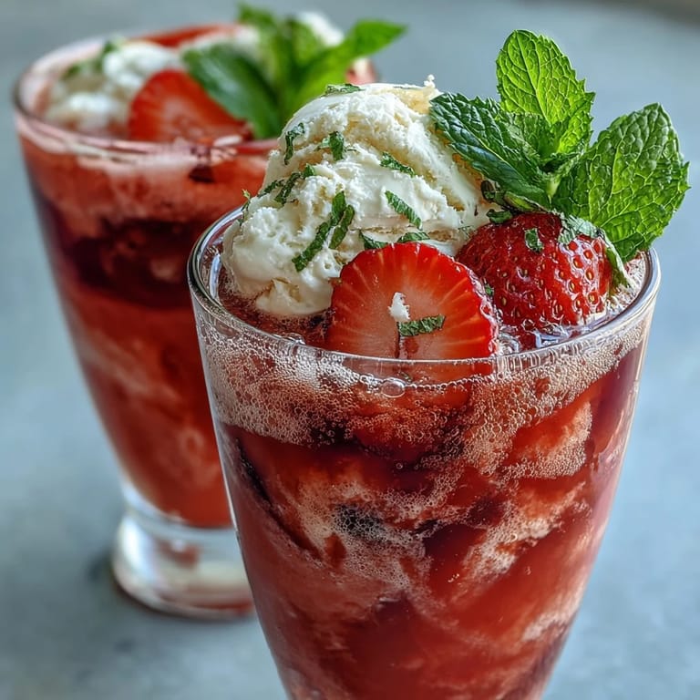 A festive strawberry daiquiri float with sparkling water, served in chilled glasses and decorated with sliced strawberries and lime wedges for a refreshing summer treat.