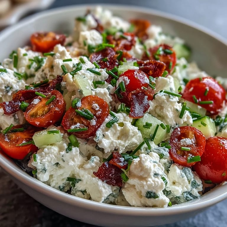 Colorful cottage cheese breakfast bowl topped with crisp vegetables, herbs, and a drizzle of olive oil for vibrant flavor.  
