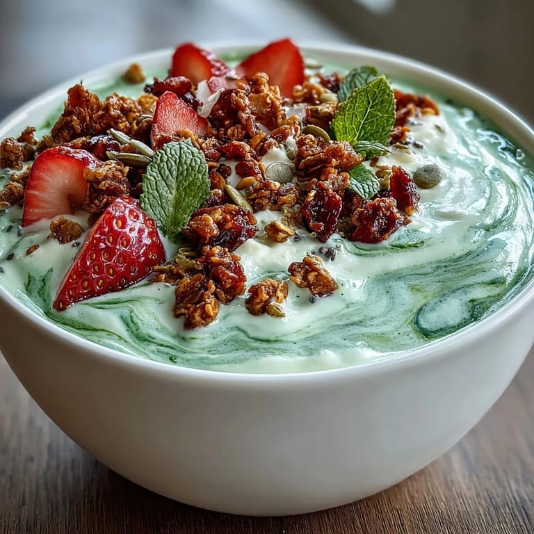 Creamy smoothie bowl blending sweet strawberries and matcha latte flavors, garnished with coconut flakes and pumpkin seeds.  