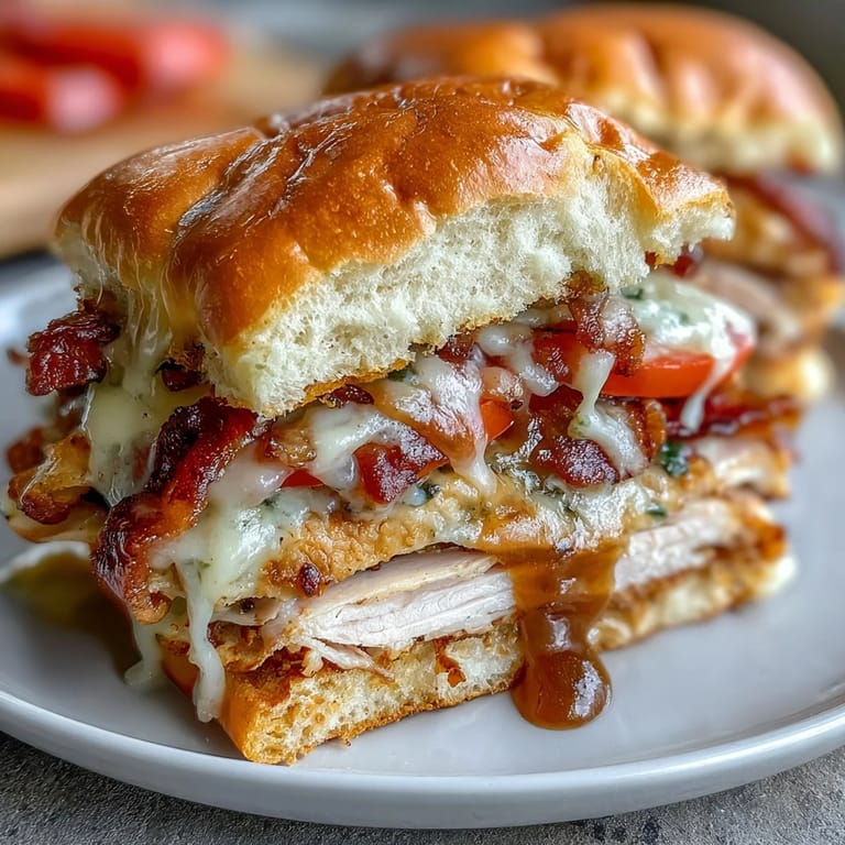 These Hot Brown Sliders feature layers of turkey, crispy bacon, and rich Mornay sauce, topped with Parmesan and served warm.