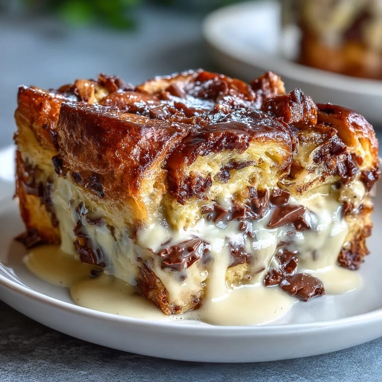 Warm chocolate croissant bread pudding featuring crispy tops and gooey chocolate, perfect for a cozy brunch or dessert.