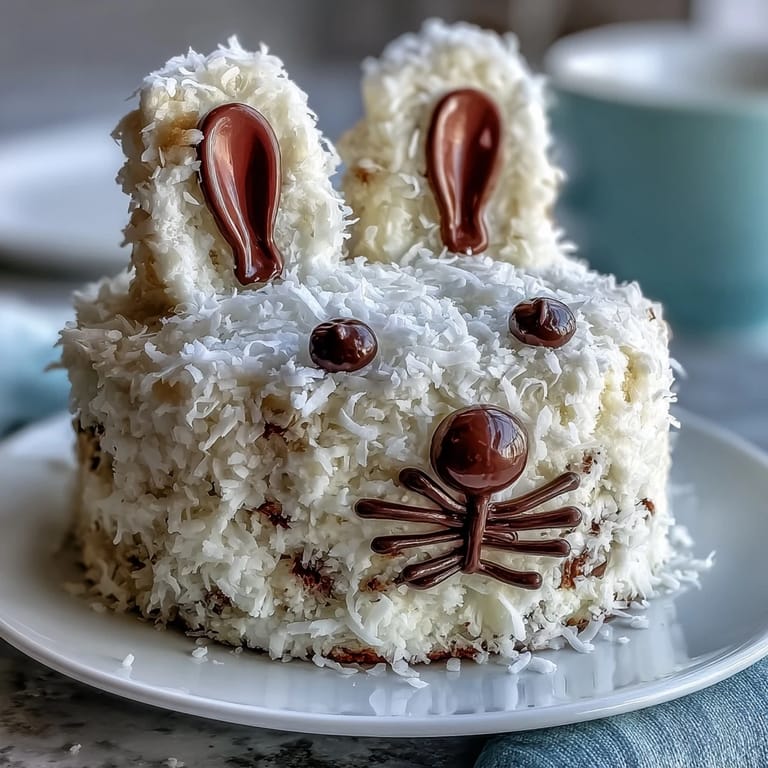 Festive Easter Bunny Cake decorated with pink coconut frosting, jelly bean eyes, and licorice whiskers, a delightful centerpiece for holiday gatherings.