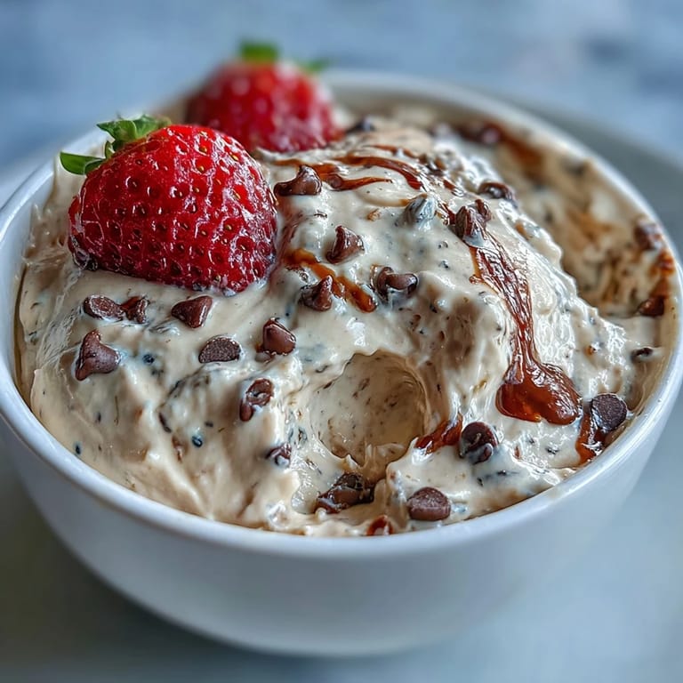 Protein-packed cottage cheese cookie dough dip with chocolate chips, perfect for dipping colorful fresh fruit and crackers.