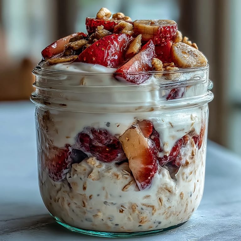 Nutritious chia seed overnight oats layered with ripe banana and juicy strawberries, perfect for a quick, healthy morning meal.  