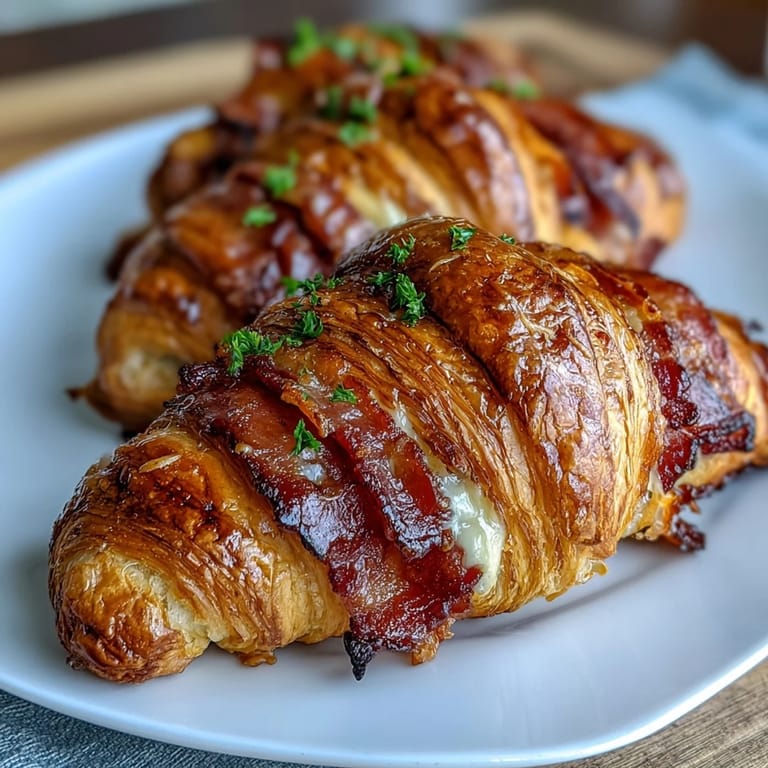 Golden Ham & Swiss Croissant Bake: flaky croissants layered with ham and Swiss cheese, baked to perfection in a savory custard.