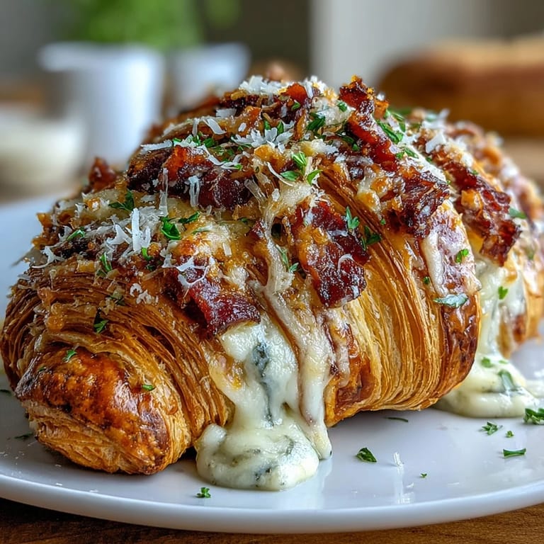 Warm Ham & Swiss Croissant Bake, a comforting French-inspired dish with tender croissants, ham, and gooey Swiss cheese baked until golden.