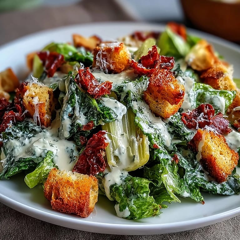 A refreshing celery Caesar salad with golden croutons, Parmesan shavings, and a creamy, zesty dressing served on a white platter.