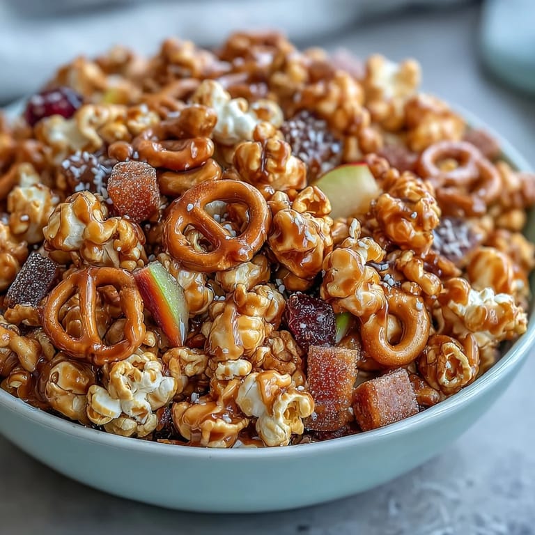 Golden caramel-coated popcorn combined with tart dried apples and vibrant candy-coated chocolates, offering a delightful sweet-and-salty treat.