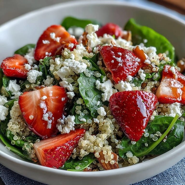 This strawberry feta quinoa salad features sweet strawberries, creamy feta, and a light balsamic vinaigrette, perfect for a healthy lunch.