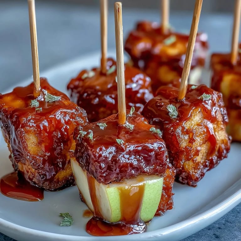 Mini candy apple skewers: bite-sized apple pieces dipped in vibrant red candy shell, perfect for festive gatherings.