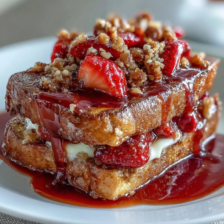 Baked Strawberry French Toast casserole with a buttery crumb topping, served with maple syrup for a comforting spring breakfast.