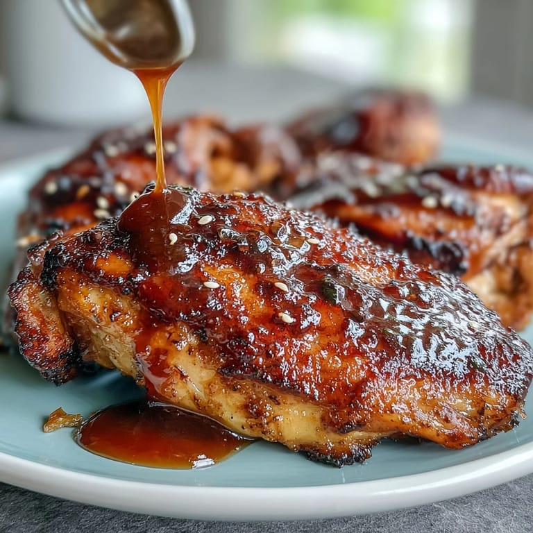 Juicy baked chicken thighs coated in a sweet and savory honey garlic sauce, served with sesame seeds.  