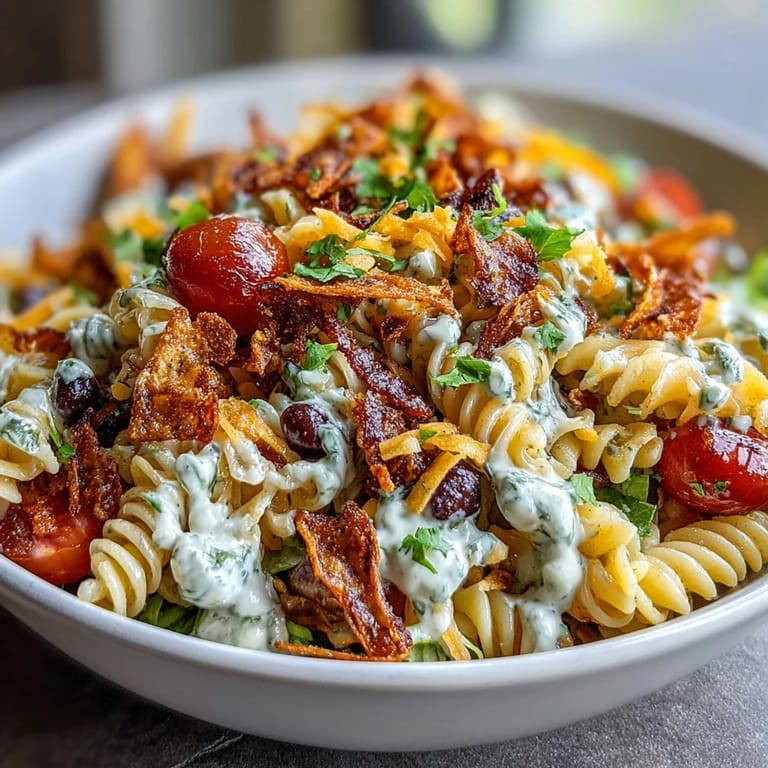 Creamy Avocado Ranch Taco Pasta Salad with Doritos, loaded with black beans, corn, and crunchy tortilla chips.