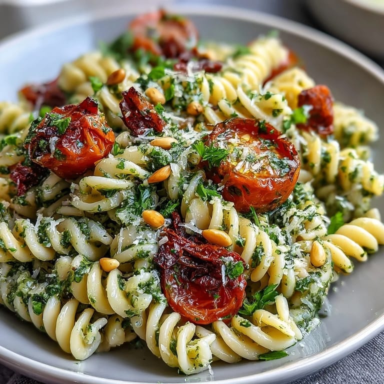 Bright cherry tomatoes and peppery arugula top this easy pesto pasta salad, garnished with lemon zest for a refreshing summer meal.
