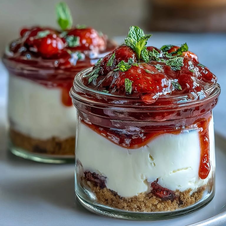 Chilled strawberry cheesecake jars layered with buttery graham cracker crust and vibrant berry topping.  