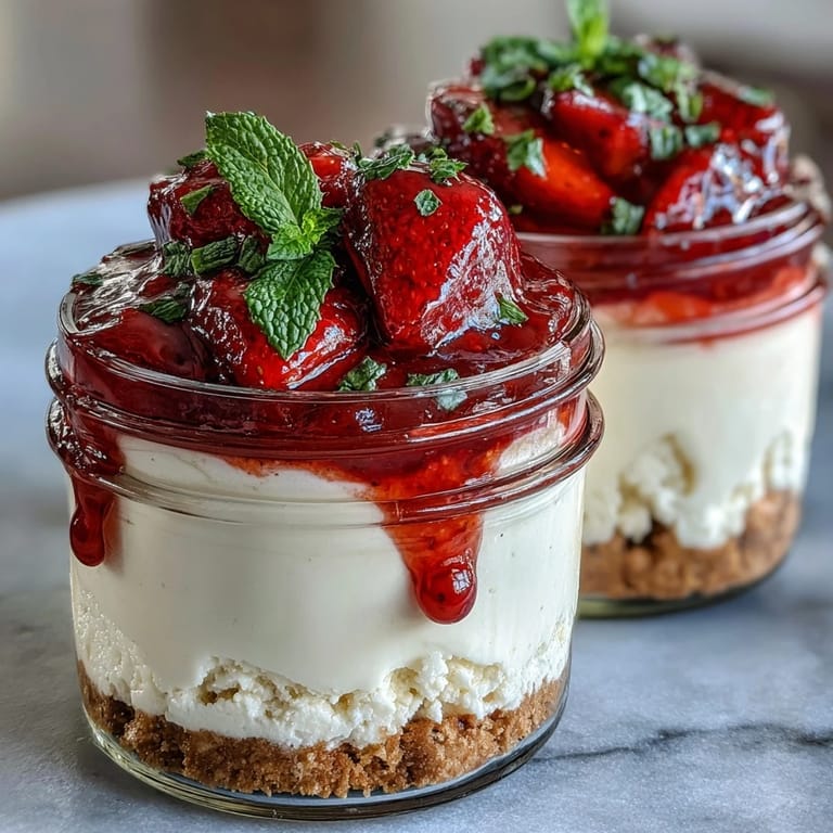 Individual dessert jars filled with smooth strawberry cheesecake and a luscious homemade fruit compote.