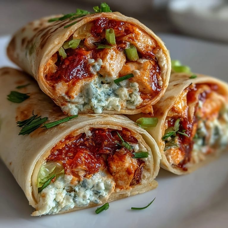 Spicy Buffalo chicken and cream cheese spread rolled tightly in flour tortillas, sliced into colorful, flavorful pinwheel wraps.