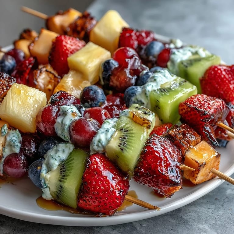 Bright and juicy Rainbow Fruit Skewers with Honey Dip: Strawberries, pineapple, kiwi, and berries on sticks, paired with a luscious honey-sweetened yogurt dip for summer fun.