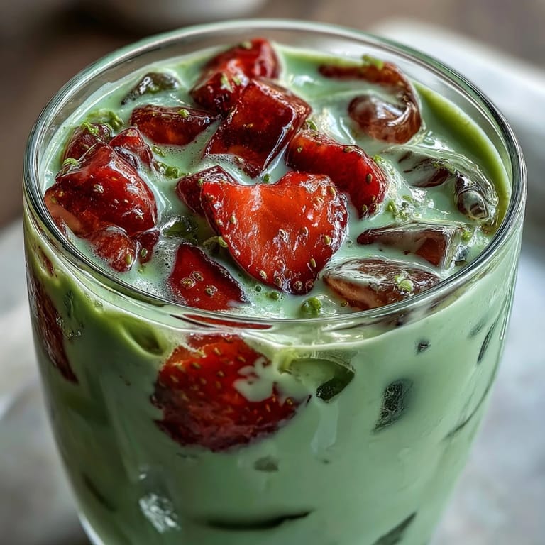 Beautifully layered strawberry matcha latte with oat milk, combining bright red fruit puree and vibrant green tea in a tall glass.