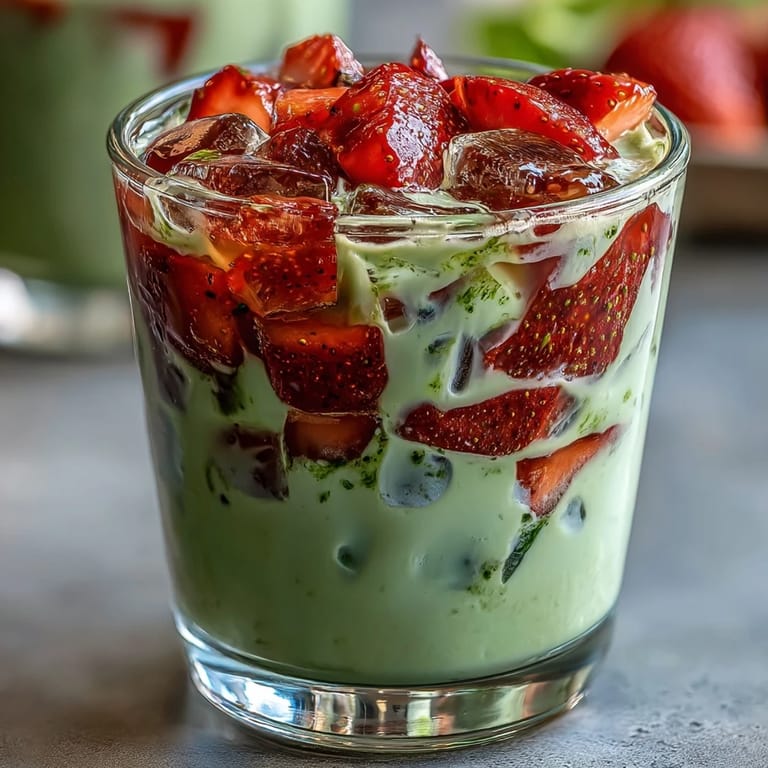 A refreshing summer drink featuring sweet strawberry puree, earthy matcha, and chilled oat milk, perfect for a dairy-free treat.