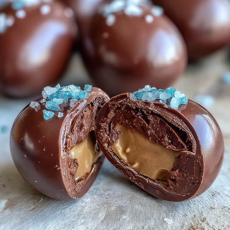 Homemade dark chocolate peanut butter Easter eggs with sea salt, offering a rich, creamy center and a delicate crunch from the salt.