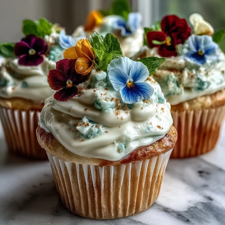 Spring Cupcakes Decorated with Edible Flowers: Soft vanilla cupcakes crowned with creamy buttercream and colorful edible flowers, an elegant treat for any springtime gathering.