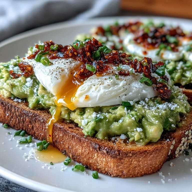 Golden toasted bread layered with mashed avocado, a soft poached egg, and a generous spoonful of spicy chili crisp topping.