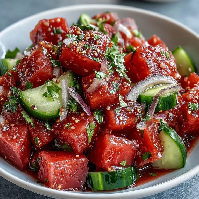 Refreshing summer salad featuring Watermelon Cucumber Salad with Tajin and Lime, with bright red watermelon, green cucumber, and a sprinkle of spicy Tajin seasoning for a bold, tangy flavor.  