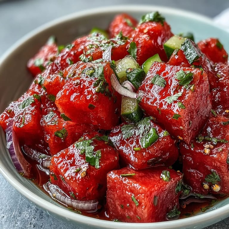 Colorful Watermelon Cucumber Salad with Tajin and Lime, served in a white bowl with fresh lime zest, Tajin-dusted watermelon, and thinly sliced cucumber for a crisp, refreshing bite.