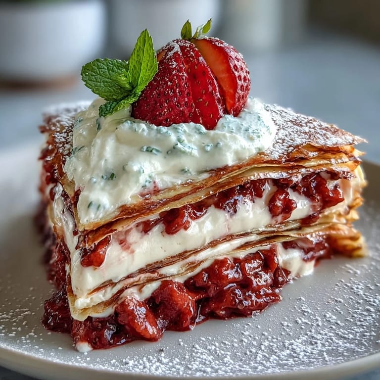 Delicate crêpes stacked with strawberry mascarpone filling, perfect for a festive Mother's Day dessert.