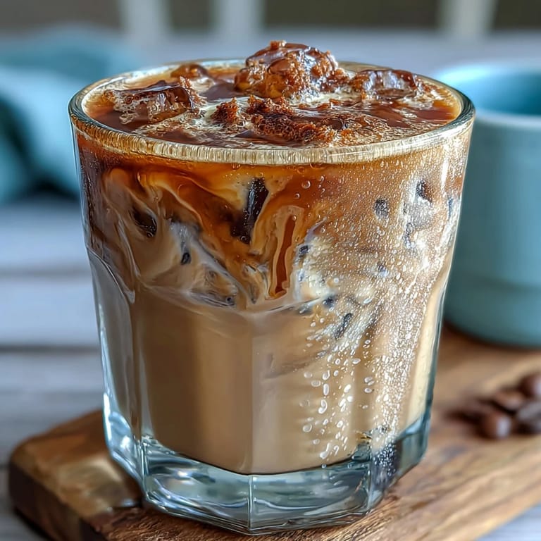 Homemade brown sugar oat milk shaken espresso featuring chilled espresso, sweet brown sugar syrup, and velvety oat milk in a frosty glass.