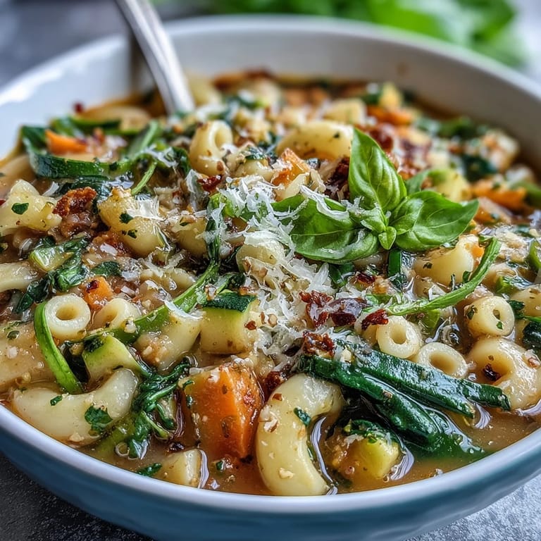 Hearty bowl of Spring Minestrone packed with seasonal zucchini, peas, spinach, and small pasta shapes.  