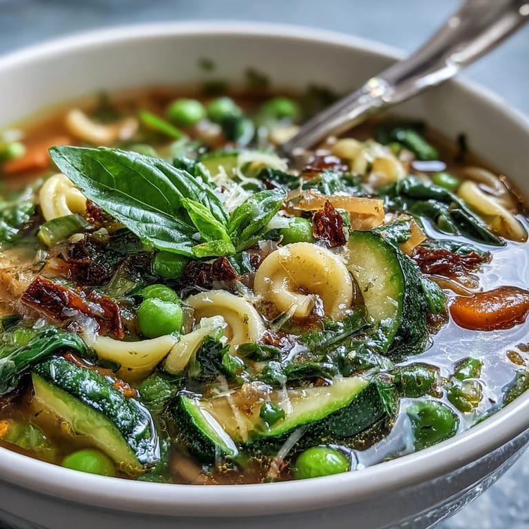 Colorful Italian Spring Minestrone featuring crisp green beans, carrots, and a sprinkle of Parmesan cheese.