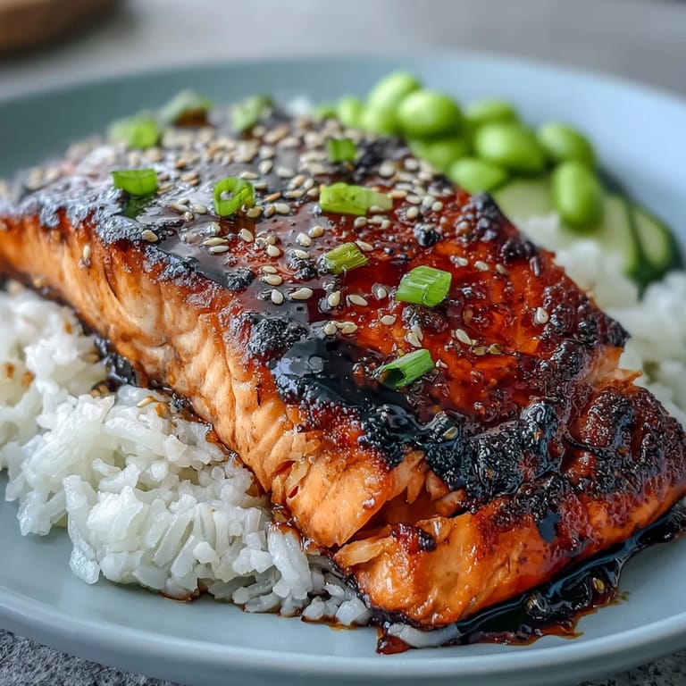 Savory teriyaki salmon served over fluffy jasmine rice, topped with tender edamame and refreshing cucumber slices.