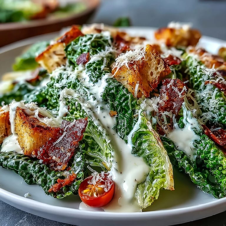Freshly made Tahini Caesar Salad topped with Parmesan cheese and golden croutons, offering a Mediterranean twist on the classic favorite.