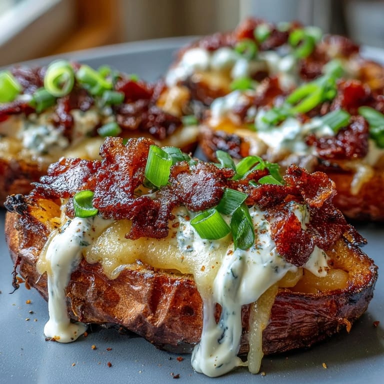 Twice-baked sweet potato skins stuffed with smoky bacon, sharp cheddar, and creamy sour cream for an irresistible appetizer.