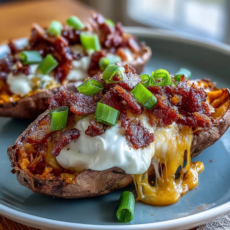 Golden-baked sweet potato skins filled with gooey cheddar, crispy bacon, and tangy sour cream, ideal for sharing.