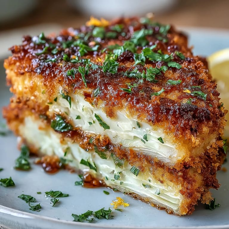 Golden-brown cabbage schnitzel slices, breaded and pan-fried to perfection, offering a hearty and flavorful vegetarian alternative to traditional schnitzel.