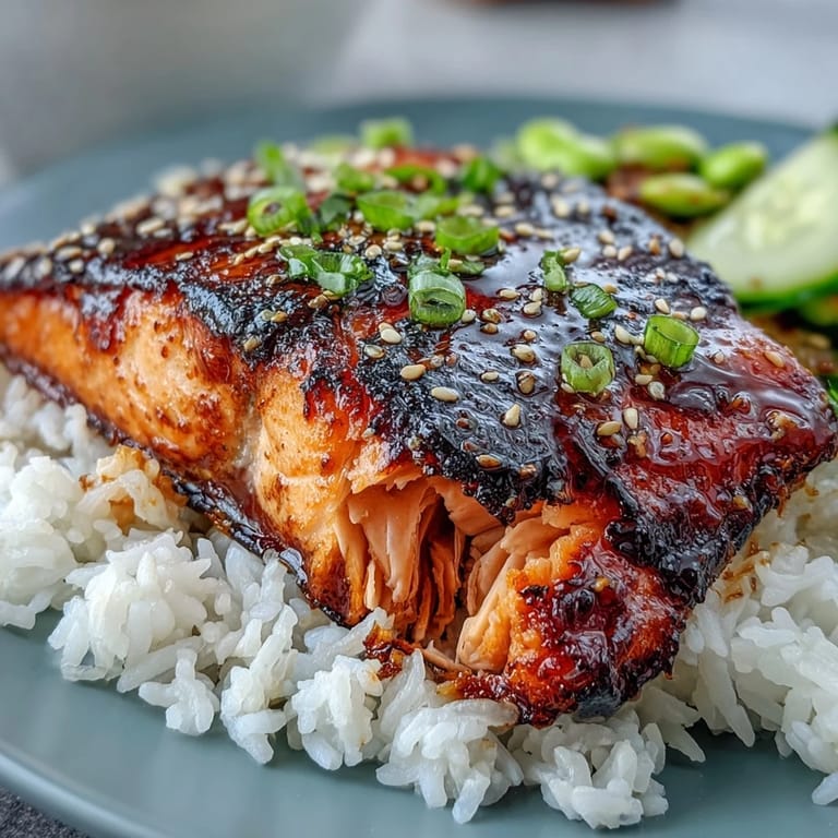 Flavorful teriyaki-glazed salmon paired with steamed rice, bright edamame, and crisp cucumber for a wholesome Japanese-inspired dish.