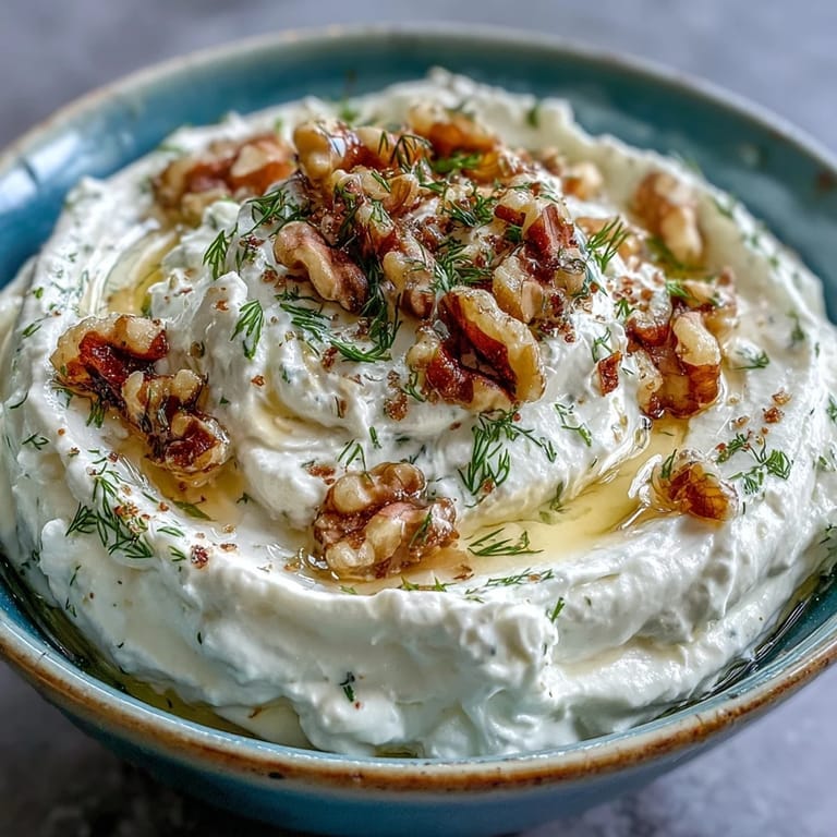 Velvety feta and cream cheese blend, drizzled with honey and olive oil, sprinkled with walnuts and herbs for a Mediterranean appetizer.  