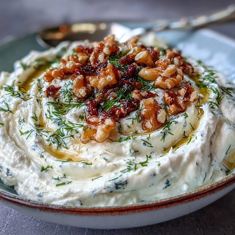 Tangy whipped feta dip with honey drizzle, toasted walnuts, and fresh herbs, perfect for dipping crackers or fresh vegetables.