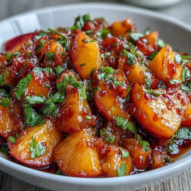Close-up of colorful Peach Jalapeño Salsa, showcasing diced peaches and cilantro brightens the dish.