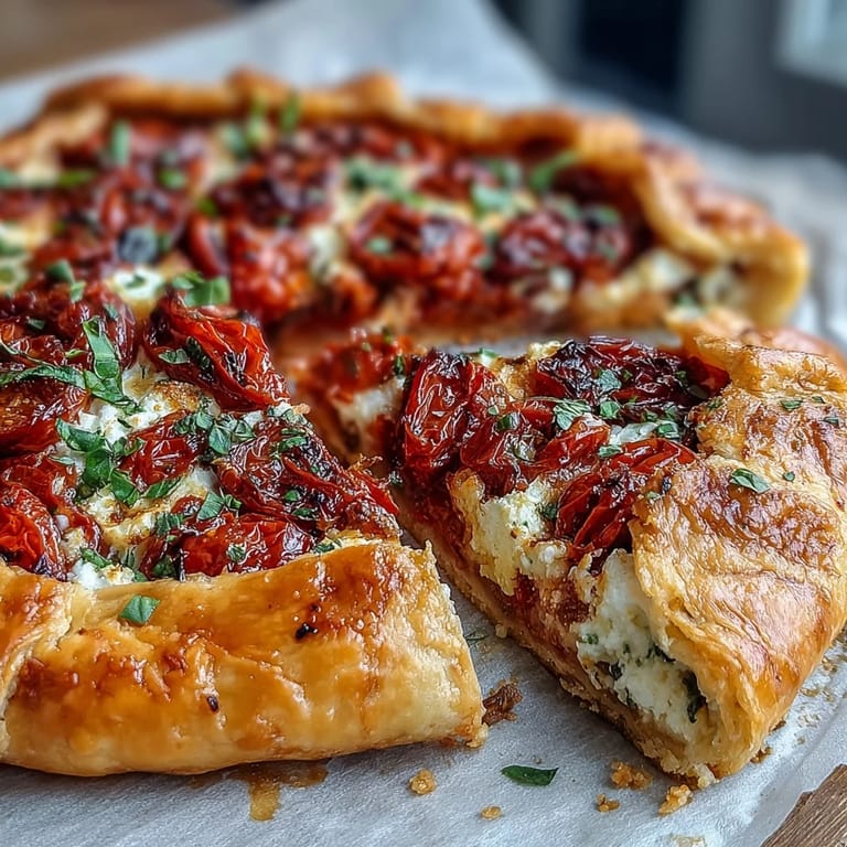Enjoy this beautiful roasted tomato feta galette, perfect with fresh basil garnish.