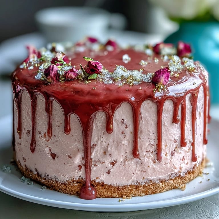 This beautiful Bridal Shower Rosé Velvet Cake features a smooth, decadent gold drizzle.