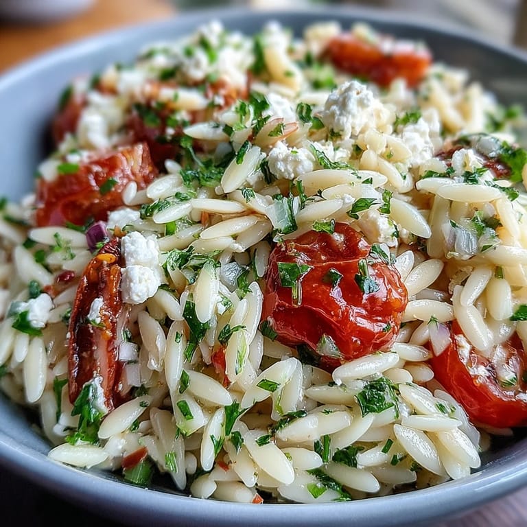 A refreshing bowl of Summer Orzo Salad, bursting with Mediterranean flavors and crumbled feta.