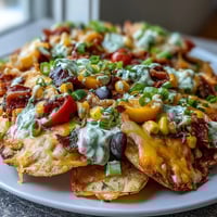Crispy roasted potato rounds loaded with colorful bell peppers, tomatoes, and melted cheese, served with tangy Greek yogurt ranch. A vibrant, healthier take on nachos perfect for sharing.