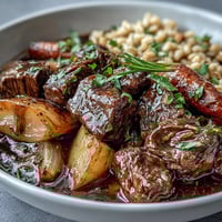 Rich Guinness beef and barley stew with tender chunks of beef, root vegetables, and pearl barley in a hearty stout-infused broth.