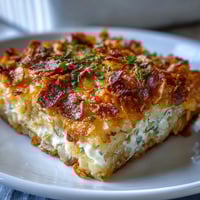 A cheesy funeral potatoes casserole with crispy cornflake and cheddar topping, baked to golden perfection for comforting gatherings.