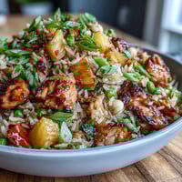 Vibrant Hawaiian pineapple chicken fried rice with tender chicken, sweet pineapple chunks, and colorful vegetables in a savory sauce.